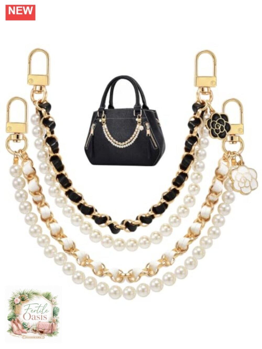 Gold Pearl Purse Chain with Charms, Bag Charm for Handbags, Purse Accessory